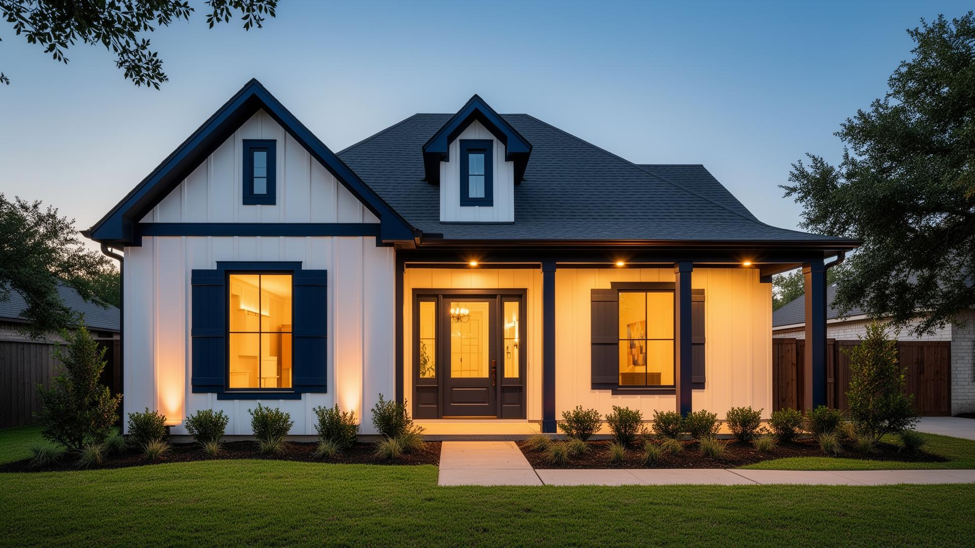 Freshly painted modern Texas home exterior at dusk