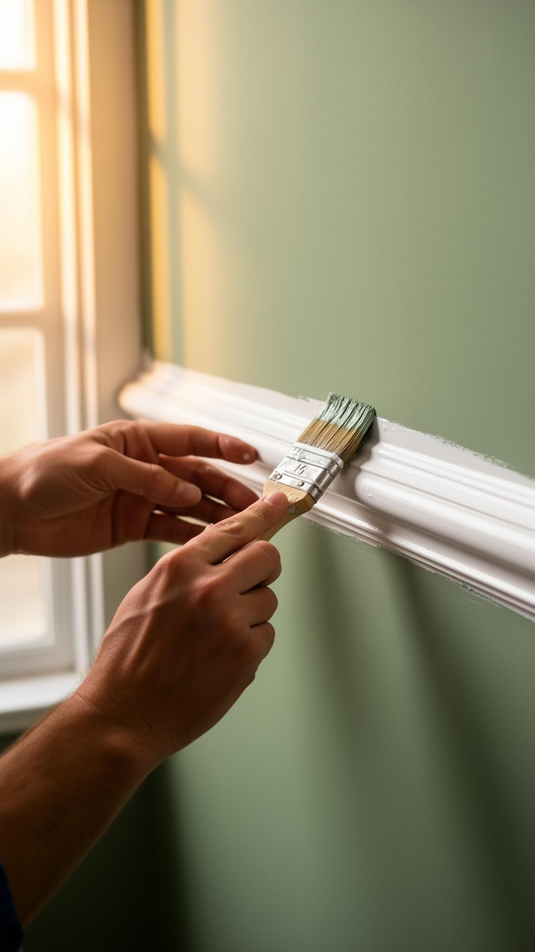 Painter cutting in white trim against a sage green wall