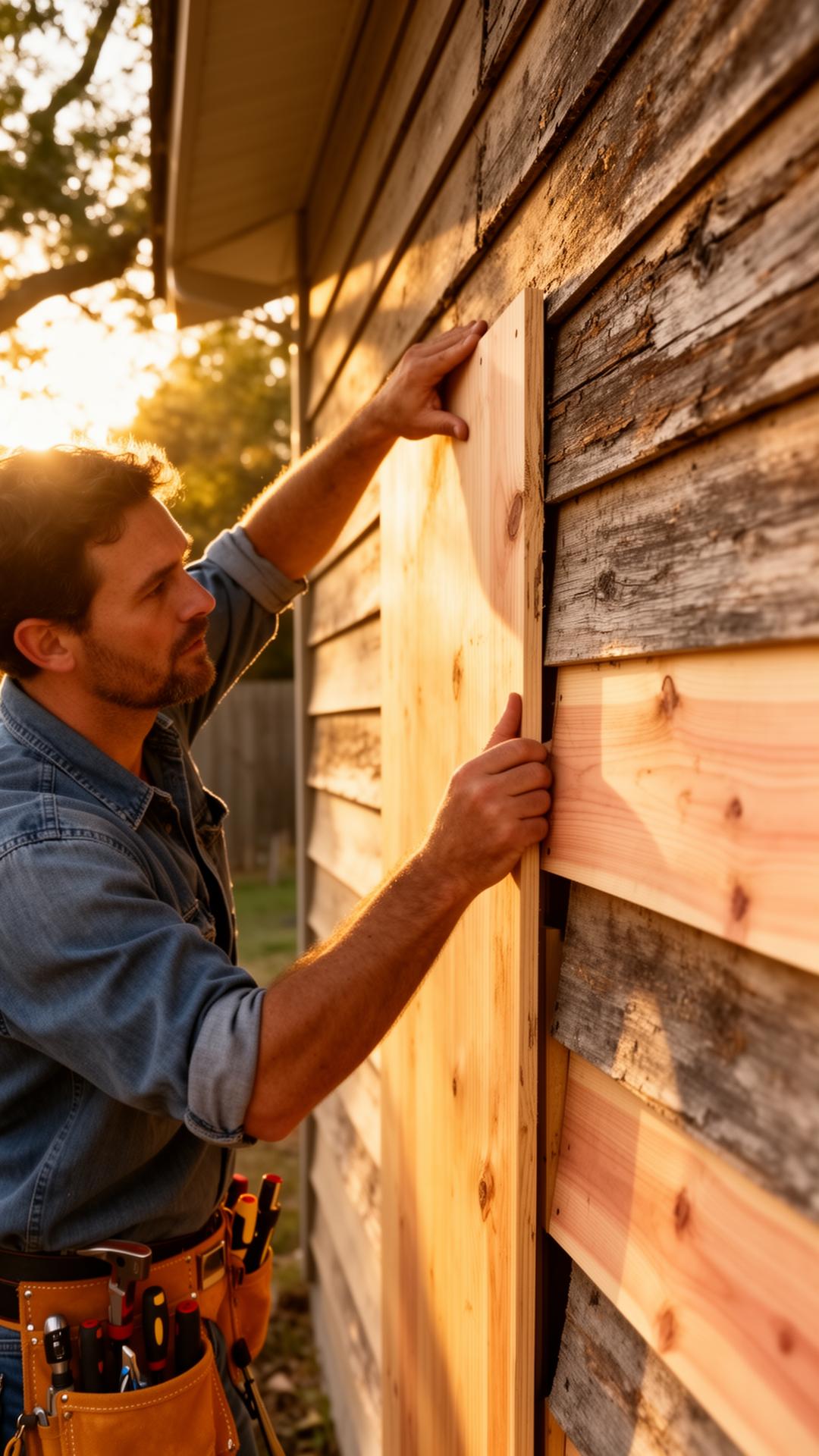 Craftsman replacing exterior wood siding at golden hour